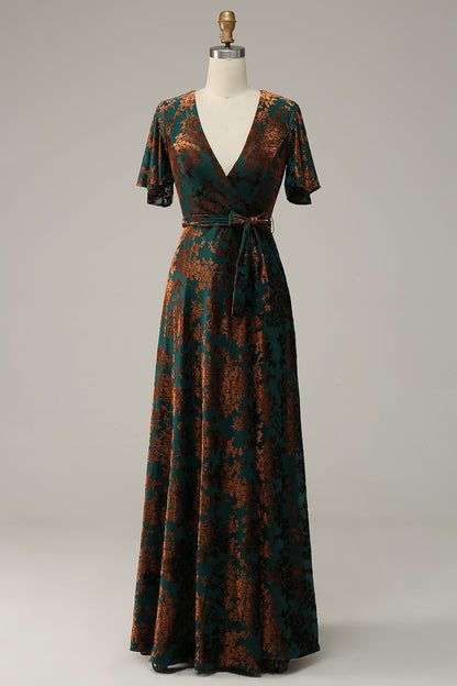 Pine A Line V Neck Burnout Velvet Long Prom Dress with Short Sleeves
