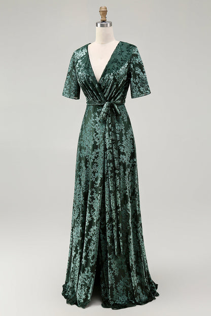 Pine A Line V Neck Burnout Velvet Long Prom Dress with Short Sleeves