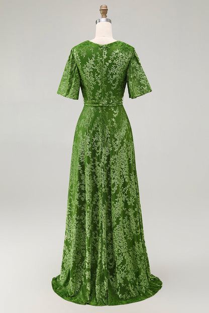 Pine A Line V Neck Burnout Velvet Long Prom Dress with Short Sleeves