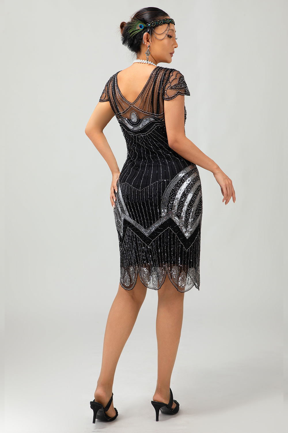 Sequin Black Silver Beaded Short 1920s Dress with 5 Piece Accessory Set