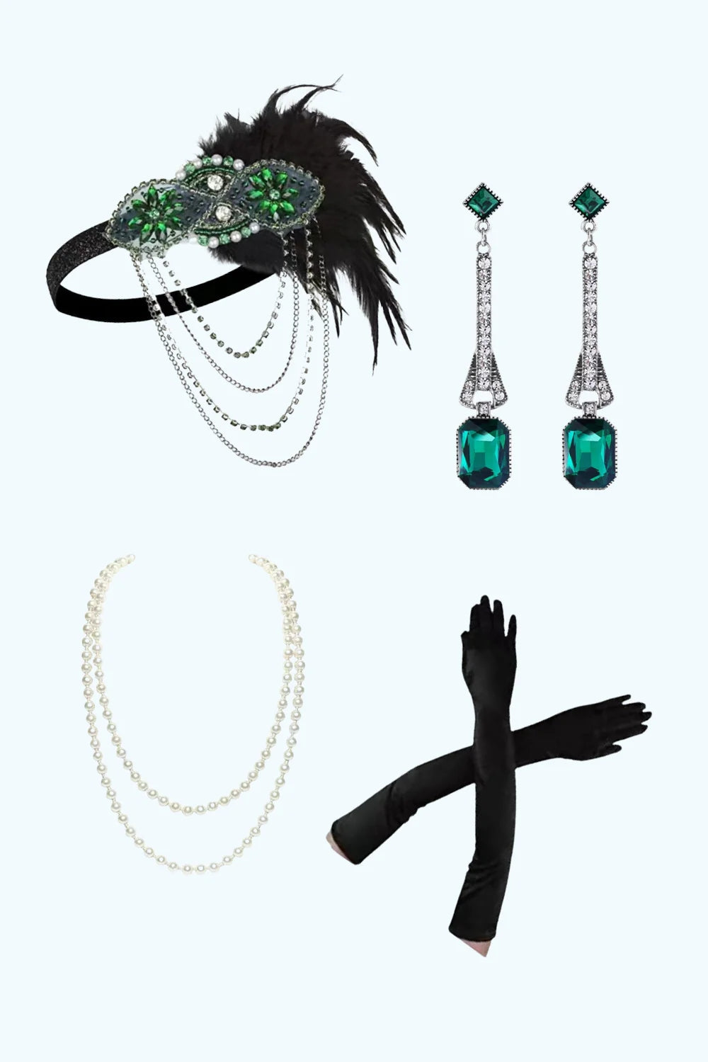 Green Golden Beaded Fringe 1920s Dress with 4-Piece Accessories Set