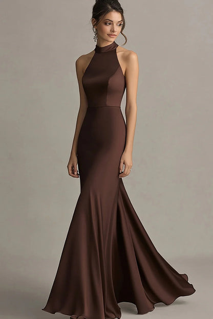 Coffee Mermaid Halter Neck Long Formal Dress
