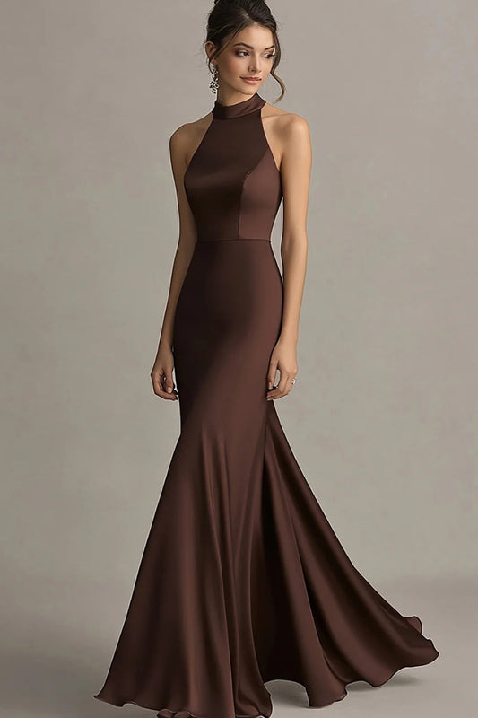 Coffee Mermaid Halter Neck Long Formal Dress