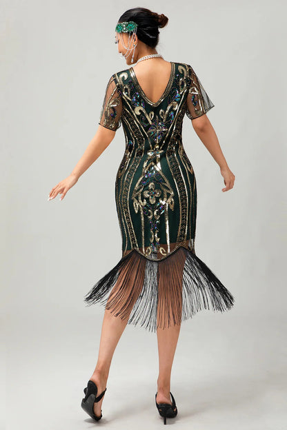 Sparkly Flapper Black Golden Sequin Bodycon Fringed 1920s Dress