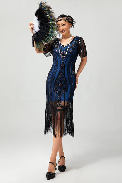 Sparkly Flapper Black Golden Sequin Bodycon Fringed 1920s Dress